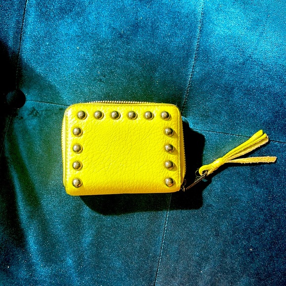 Rebecca Minkoff Leather Studded Wallet, Day-Glow Yellow Full Zipper - Picture 1 of 6